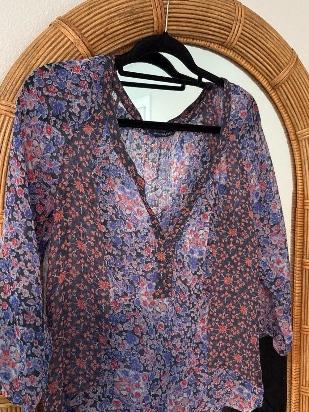 American Eagle Outfitters Navy Floral V-Neck Semi-Sheer Blouse